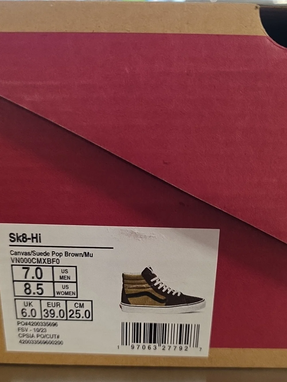 Vans Sk8Hi Canvas Suede Pop Brown Mens 7 Womens 8.5 New With Box